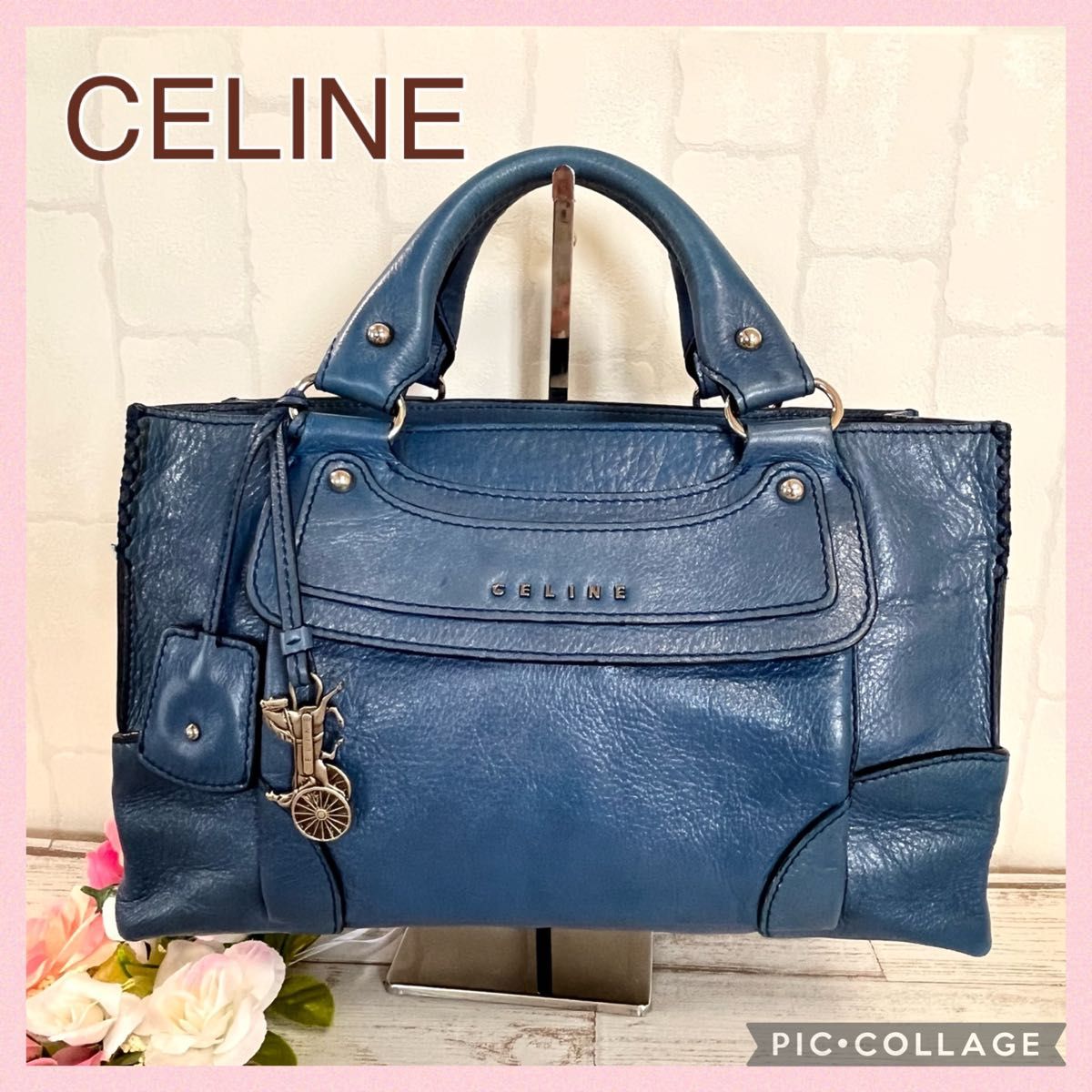 希少 】CELINE セリーヌ ハンドバッグ レザー ブルー 馬車金具-