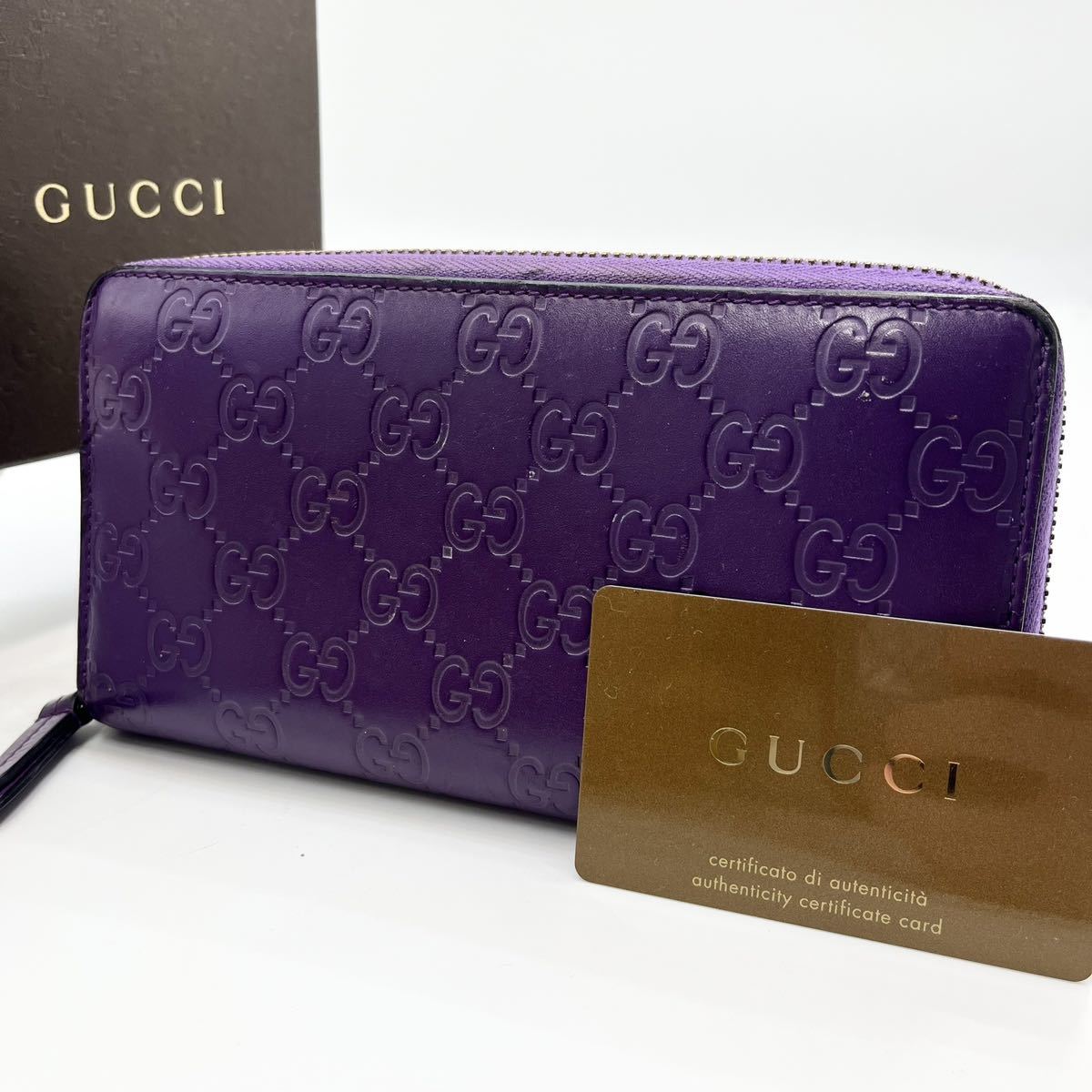 【希少カラー 美品】グッチ GUCCI 長財布 ラウンドファスナー GGシマ 本革 レザー 型押し パープル 紫 メンズ レディース _画像1