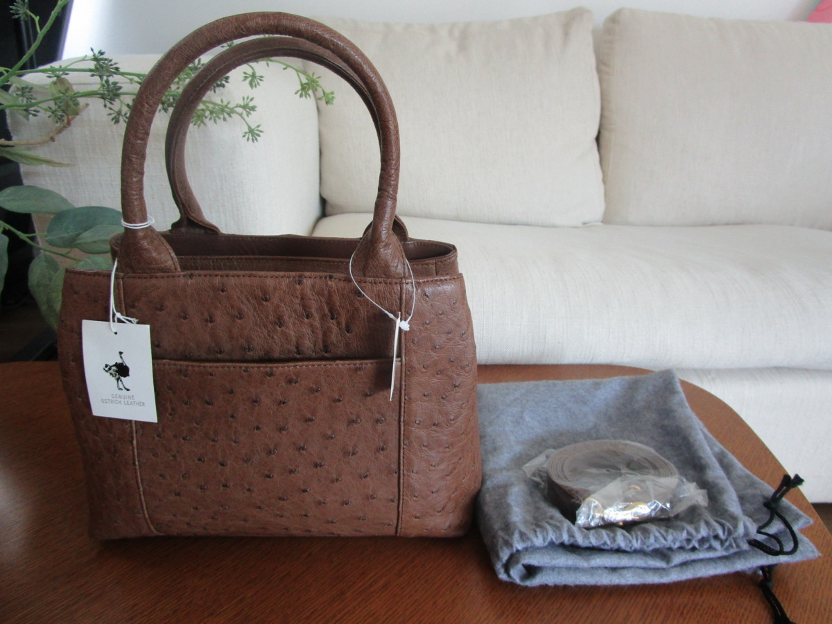 未使用/ GENUINE OSTRICH オーストリッチ 茶 ハンド・ショルダーバッグ
