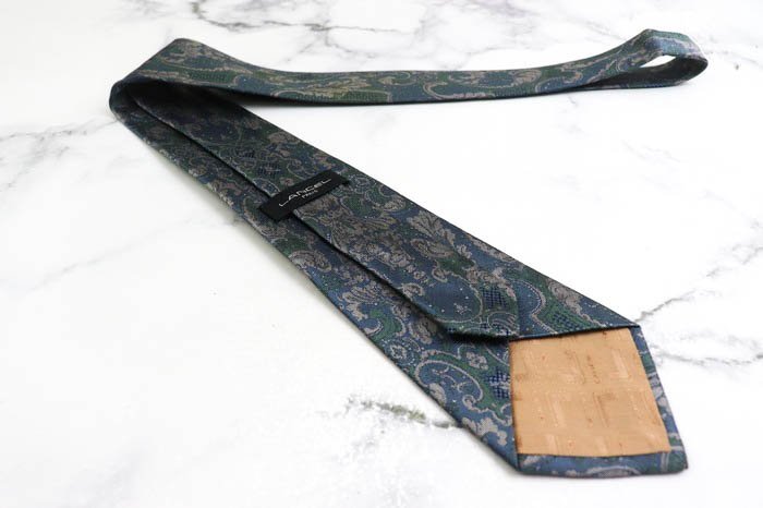  Lancel brand necktie total pattern leaf pattern floral print silk made in Japan men's blue LANCEL