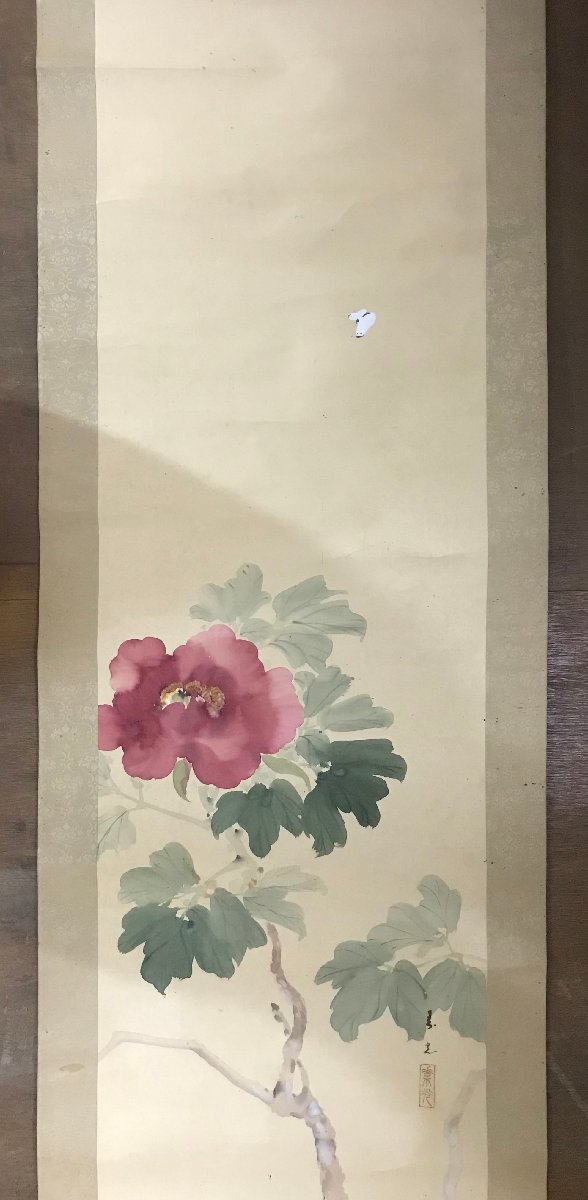 KK-6495 ■送料込■ 児玉素光 花虫図 絹本 肉筆 絵画 戦前 レトロ 長野県画家 掛軸 190cm×56cm /くMAら_画像2