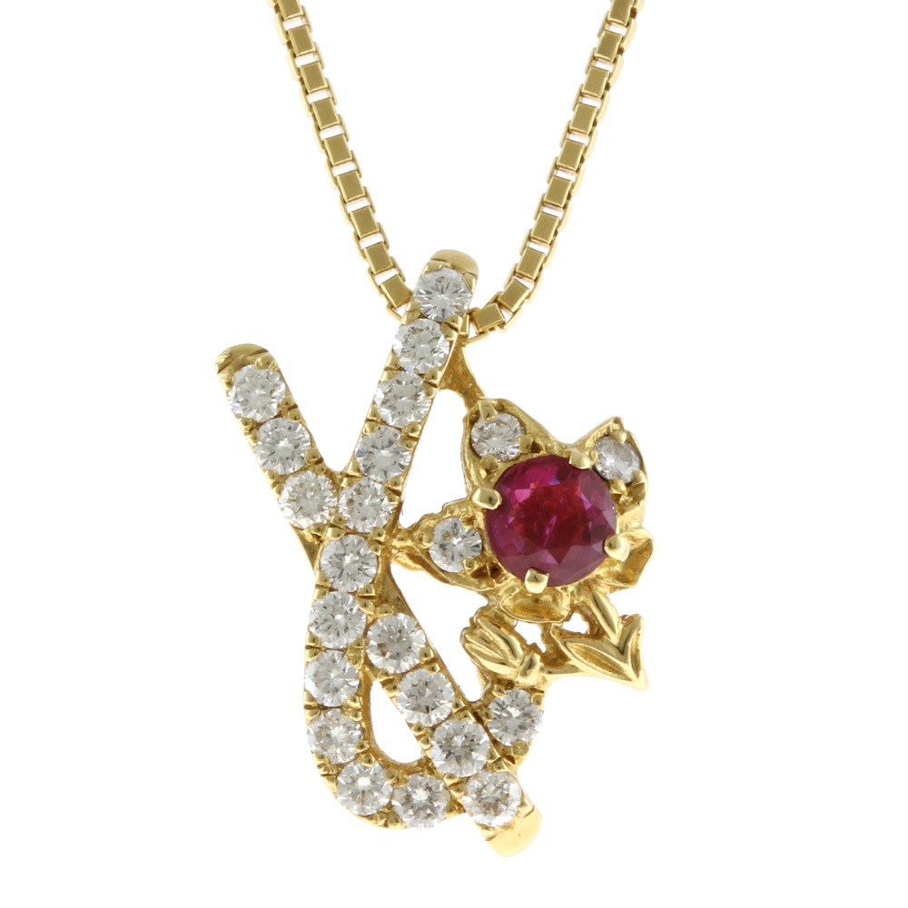 新しいスタイル ルビー K18ゴールド 18金 ネックレス フラワー 0.52ct 美品 中古 レディース 0.68ct ダイヤモンド ルビー