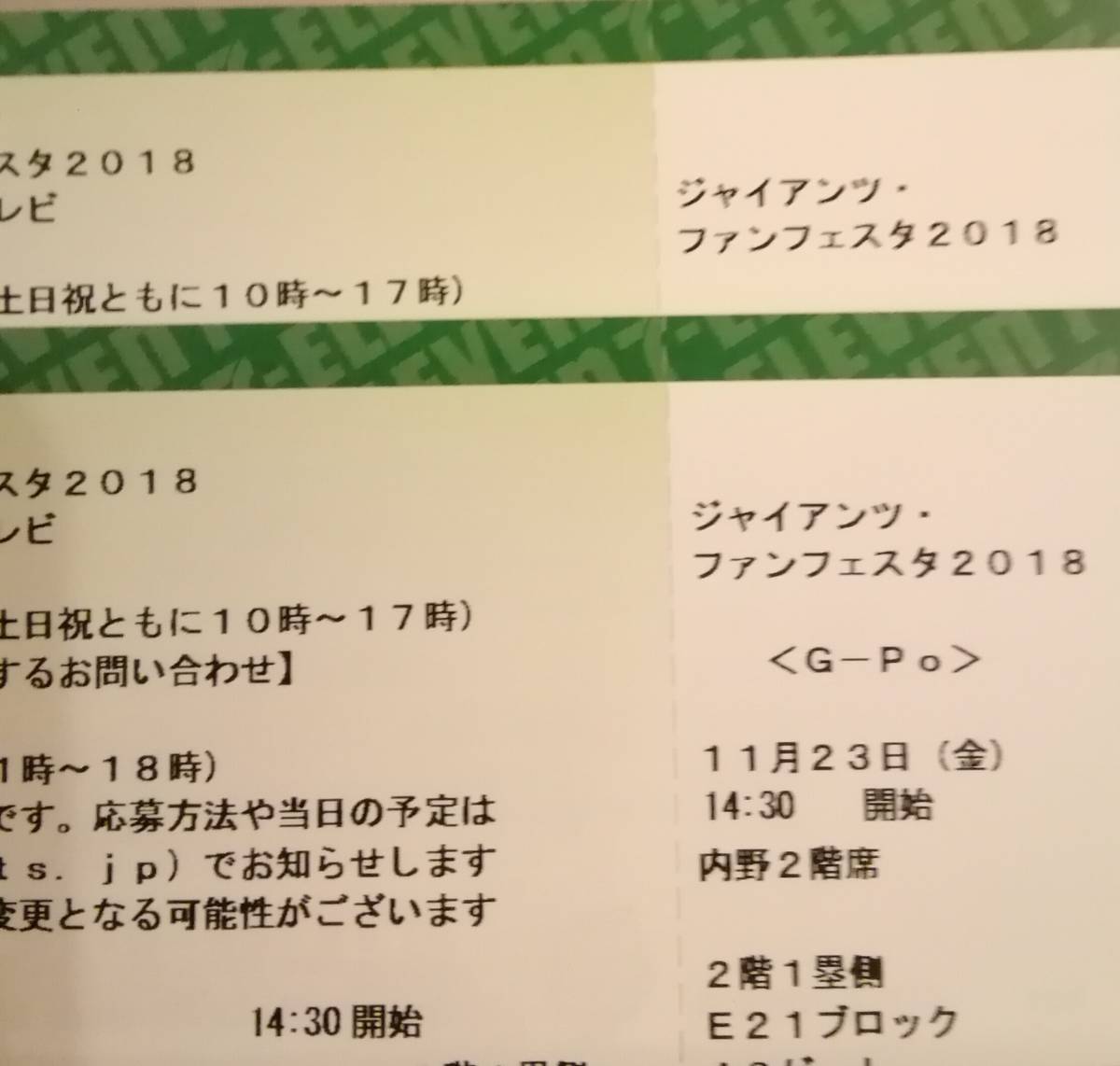 11/23◆ジャイアンツファンフェスタ2018◆2階一塁側◆チケット◆2枚連番◆巨人