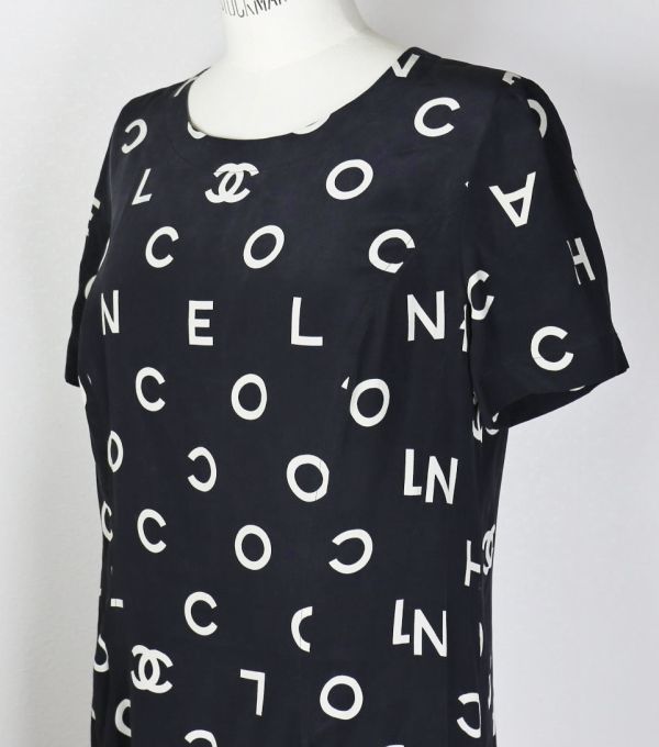 97P CHANEL Chanel Logo здесь Mark общий рисунок шелк One-piece платье 46 dress onepiece b7246