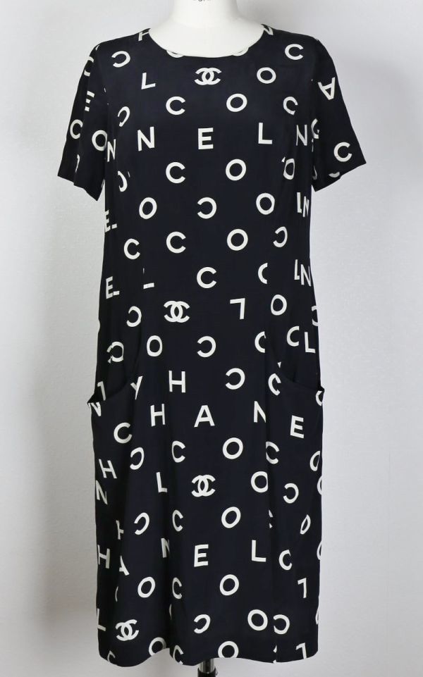 97P CHANEL Chanel Logo здесь Mark общий рисунок шелк One-piece платье 46 dress onepiece b7246