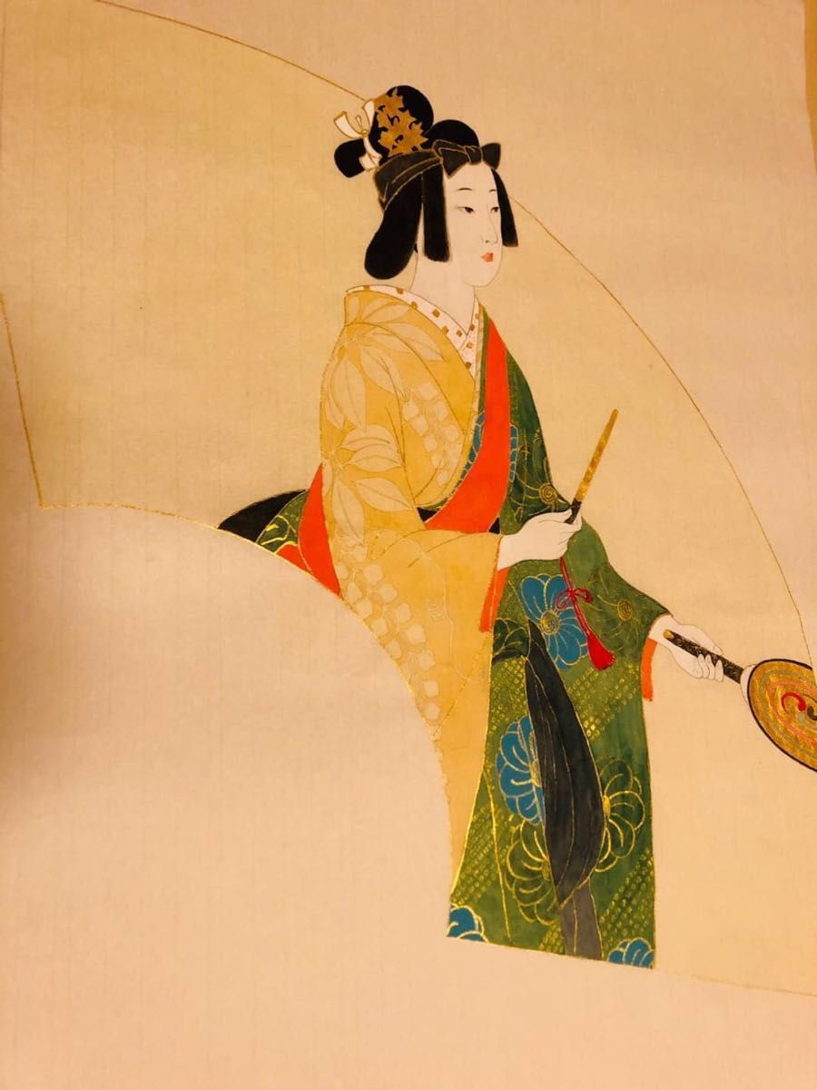 半額】 日本画 美人画 肉筆 絵画 金泥 絵画/タペストリ - www