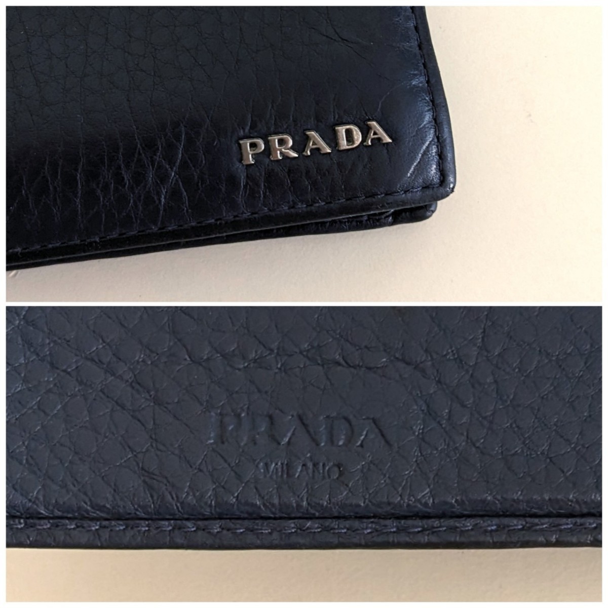 良品 PRADA プラダ 本革 レザー 二つ折り 財布 シンプル ネイビー ブルー 紺 黒 青 シルバー ヴィンテージ ウォレット レディース メンズ_画像5