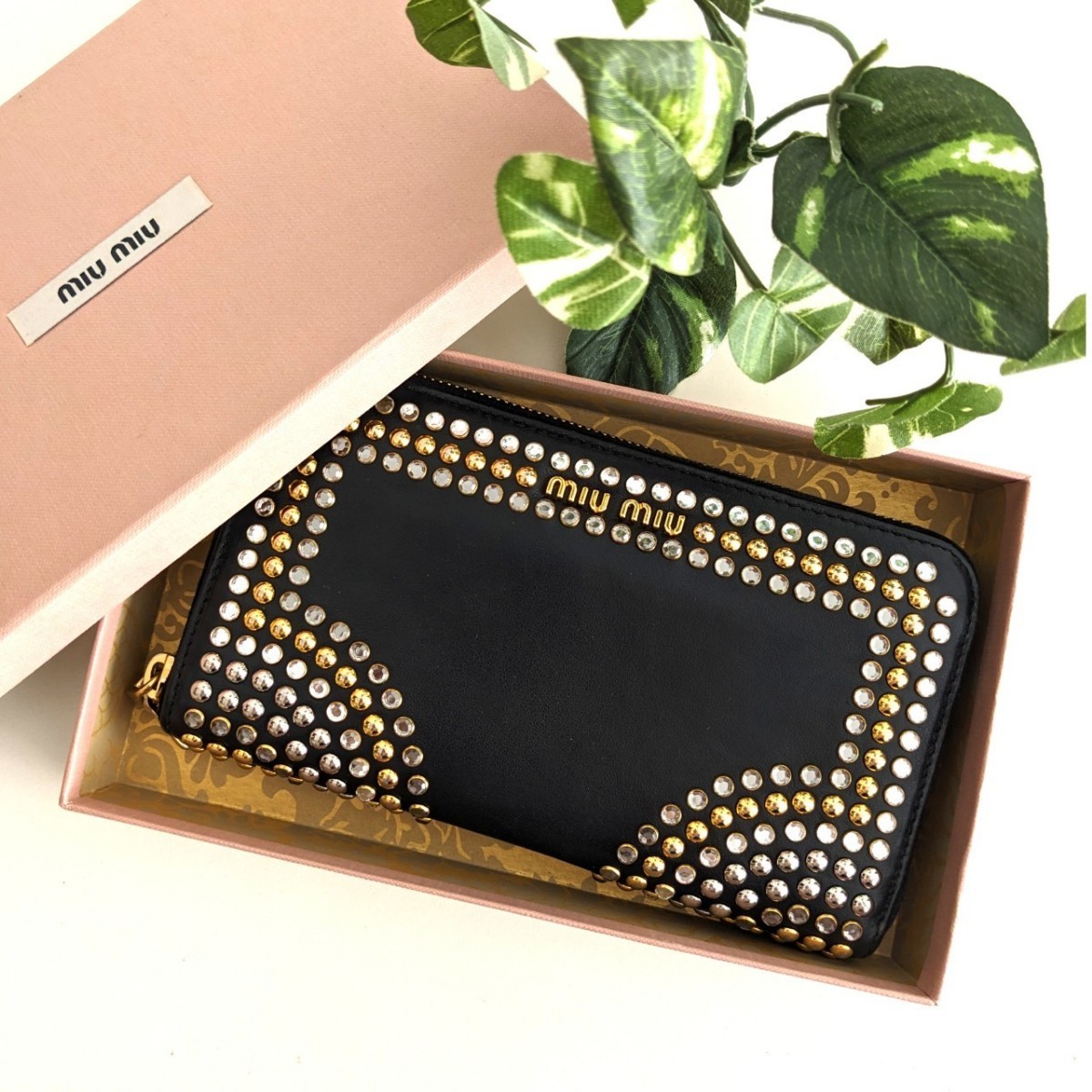  beautiful goods MiuMiu studs crystal biju- original leather Zippy wallet long wallet bag Prada PRADA black black lady's men's 