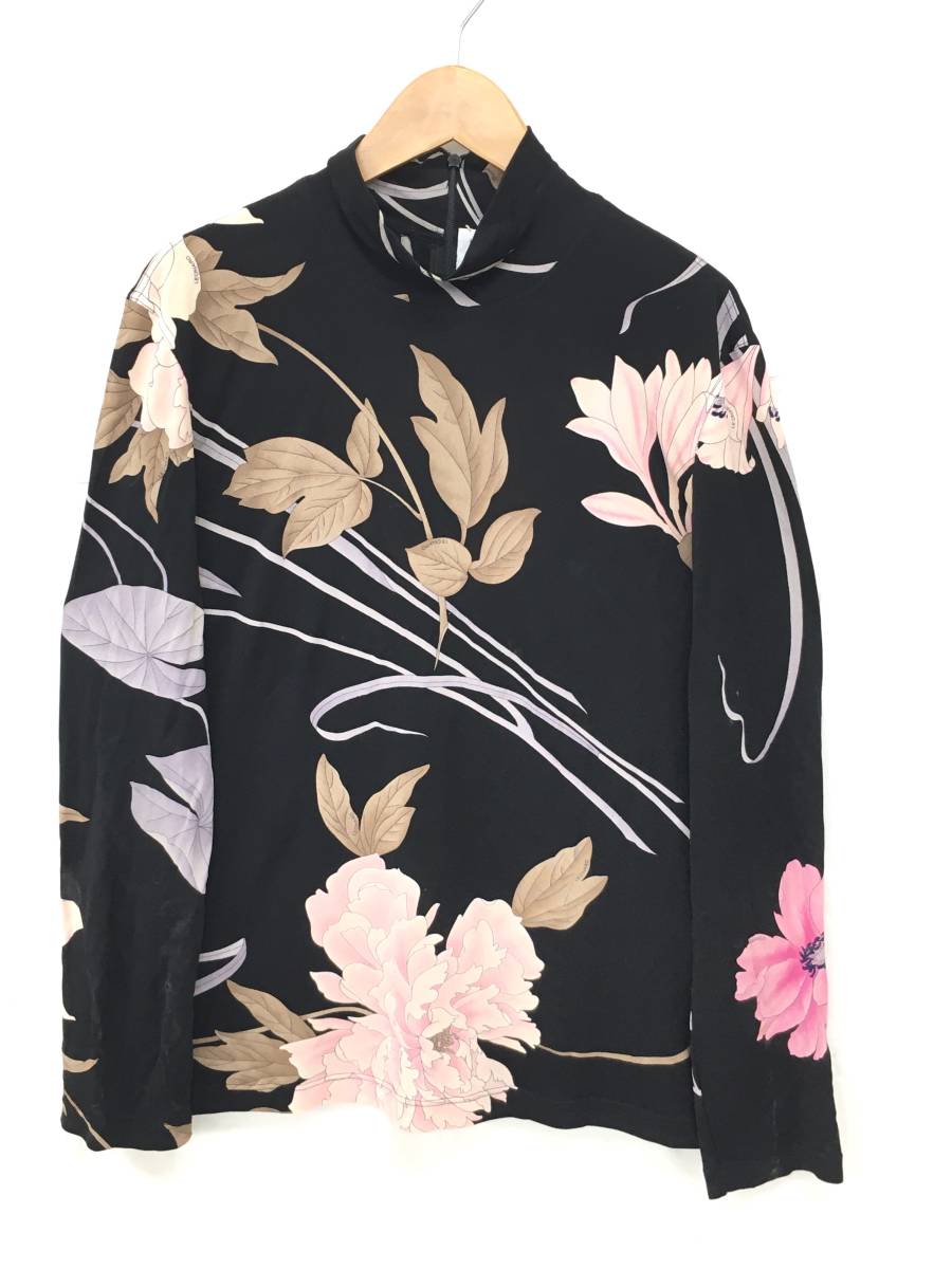 T10/055 LEONARD レオナール 花柄 ハイネック 長袖 Tシャツ シルクシャツ 44 ブラック/ピンク系/他