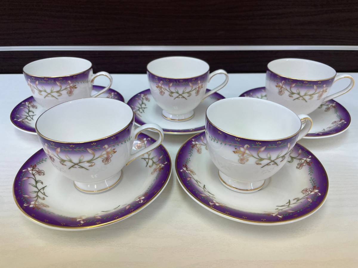 TIARA コーヒー碗5客セット V-38103 カップ&ソーサー 紫系 金彩 洋食器 共箱_画像2