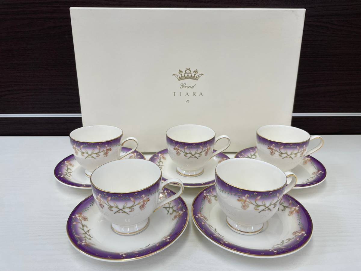 TIARA コーヒー碗5客セット V-38103 カップ&ソーサー 紫系 金彩 洋食器 共箱_画像1