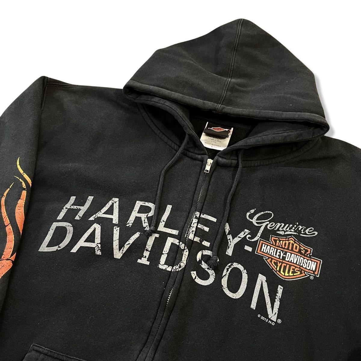 Harley-Davidson(ハーレーダビッドソン) ファイアーパターン ジップアップパーカー L 両面プリント 裏起毛 スウェット フーディ 古着