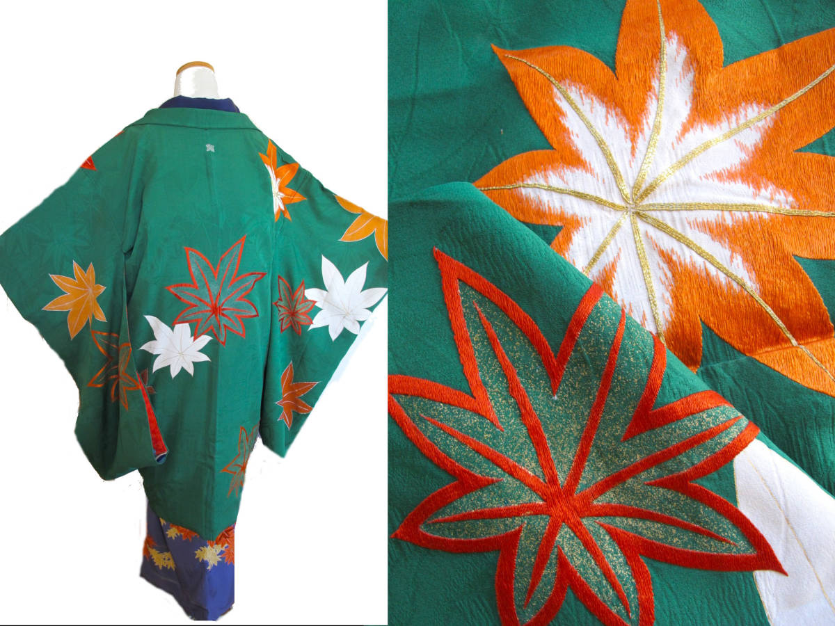 艶やか　紅葉刺繍　緑地アンティーク長羽織　一つ紋_画像1