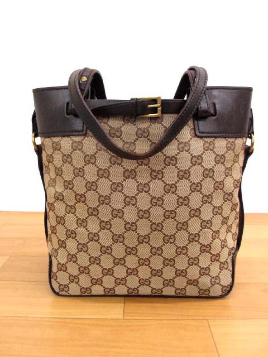 良品 GUCCI グッチ 107757 GGキャンバス×レザー トートバッグ