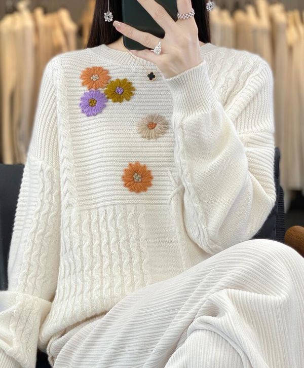 秋冬新品 *上質 カシミヤ混 高級感 お花 刺繍り ゆったり 厚手 ルーズ ニットトップス おしゃれ 防寒 暖か ニットセーター *カーキ_画像6