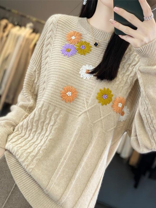 秋冬新品 *上質 カシミヤ混 高級感 お花 刺繍り ゆったり 厚手 ルーズ ニットトップス おしゃれ 防寒 暖か ニットセーター *カーキ_画像4