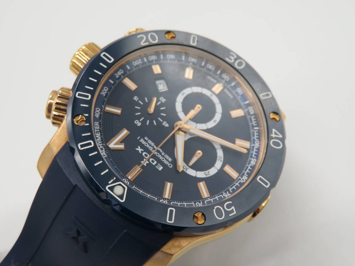 EDOX(エドックス)　クロノオフショア1　ゴールド×ブルーカラー　腕時計　中古品　Q1ー29A　_画像4