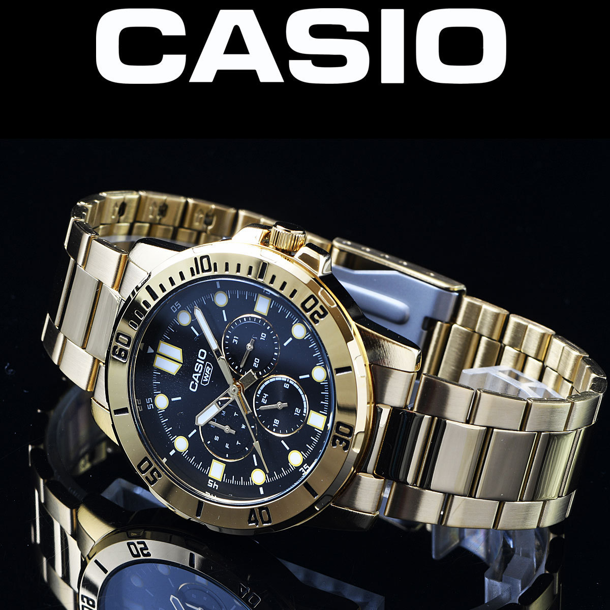 最後1本 新品1円 逆輸入カシオ最新作 全身ゴールド 30m防水 精悍なブラックフェイス マルチファンクション 腕時計 CASIO メンズ 日本未発売