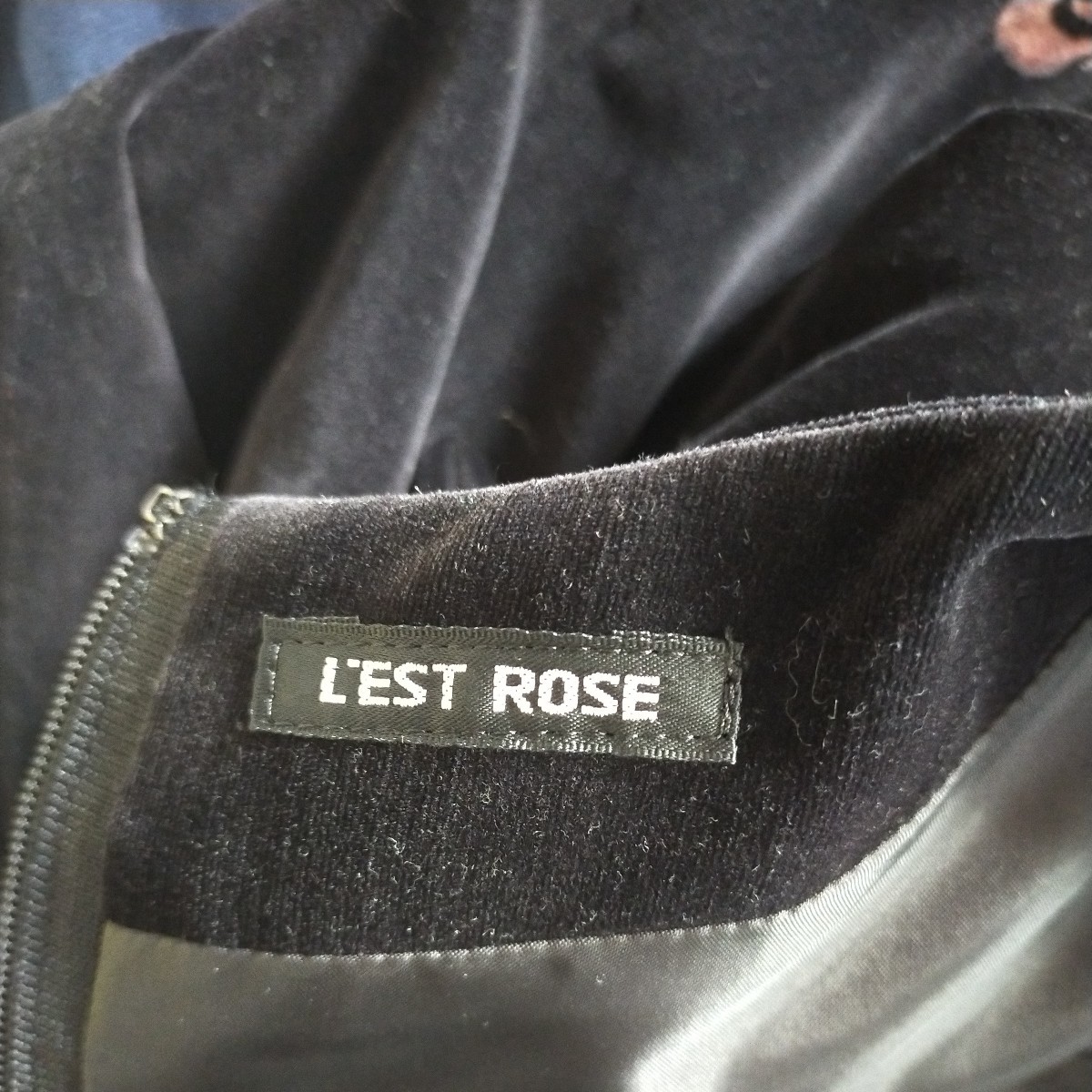 【試着のみ美品】レストローズ◆バラ柄ベロアワンピース（ブラック黒）М◆L'EST ROSE　裏地付き　ハシゴレース　リボン　ピンクローズ_画像7