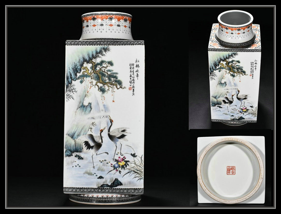 新到着【多寶屋】FB105□極上珍品!民国時代珠山八友程意亭・粉彩の鶴
