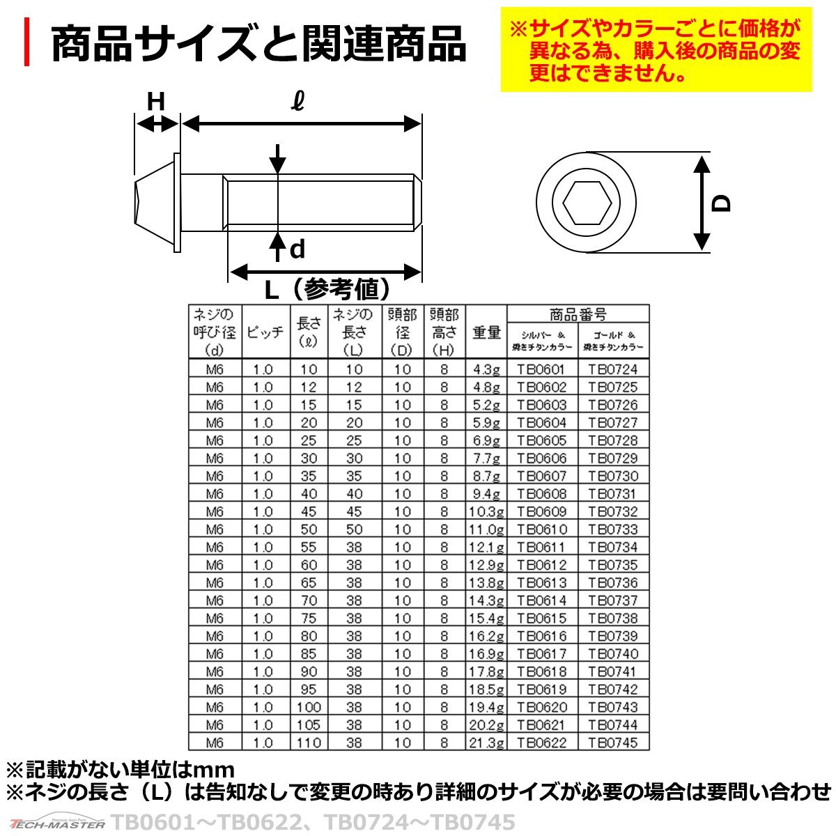 M6×70mm P1.0 テーパー キャップボルト ステンレス 車/バイク/自転車 ドレスアップ パーツ ゴールド＆焼きチタンカラー 1個 TB0737_画像3