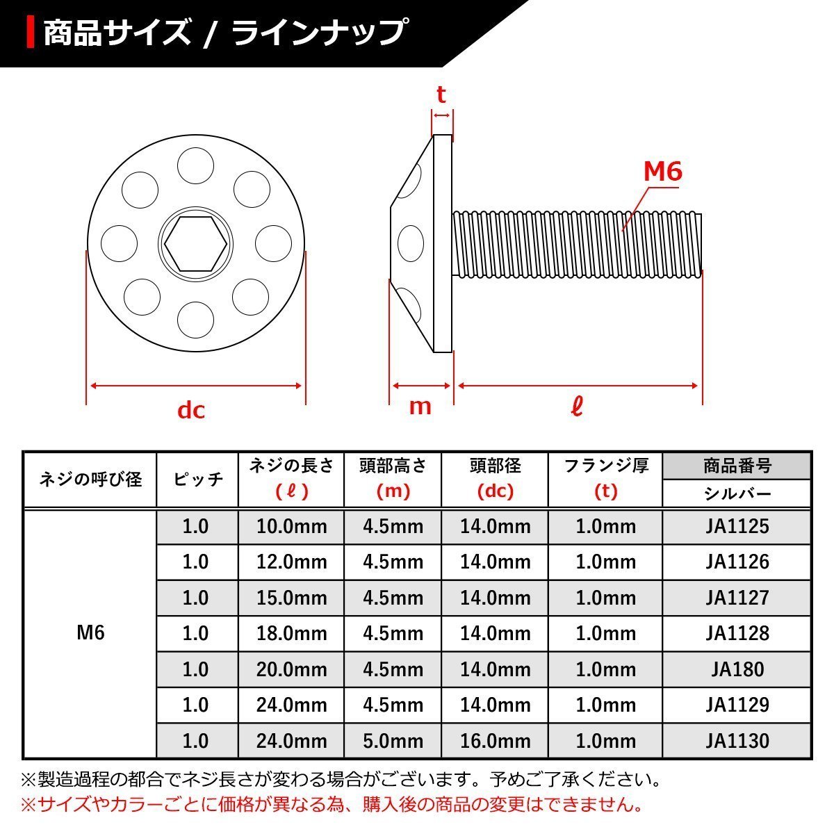 M6×18mm P1.0 頭部径14mm 64チタン合金 テーパー ホールヘッド ボルト 六角穴 ワイドフランジ シルバーカラー 1個 JA1128_画像2