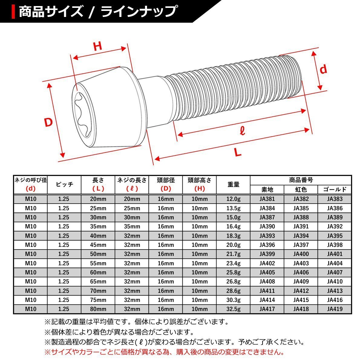 M10×65mm P1.25 64チタン合金 テーパーヘッド トルクス穴付き キャップボルト ゴールドカラー ドレスアップ パーツ 1個 JA410_画像2