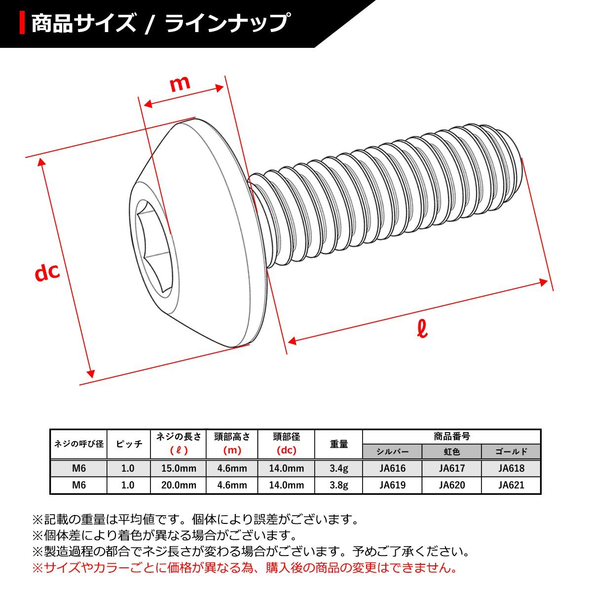 M6×15mm 1.0 頭部径14mm 64チタン合金 テーパーヘッド 六角穴 ボタンボルト 焼きチタンカラー 虹色 車/バイク 1個 JA617_画像2