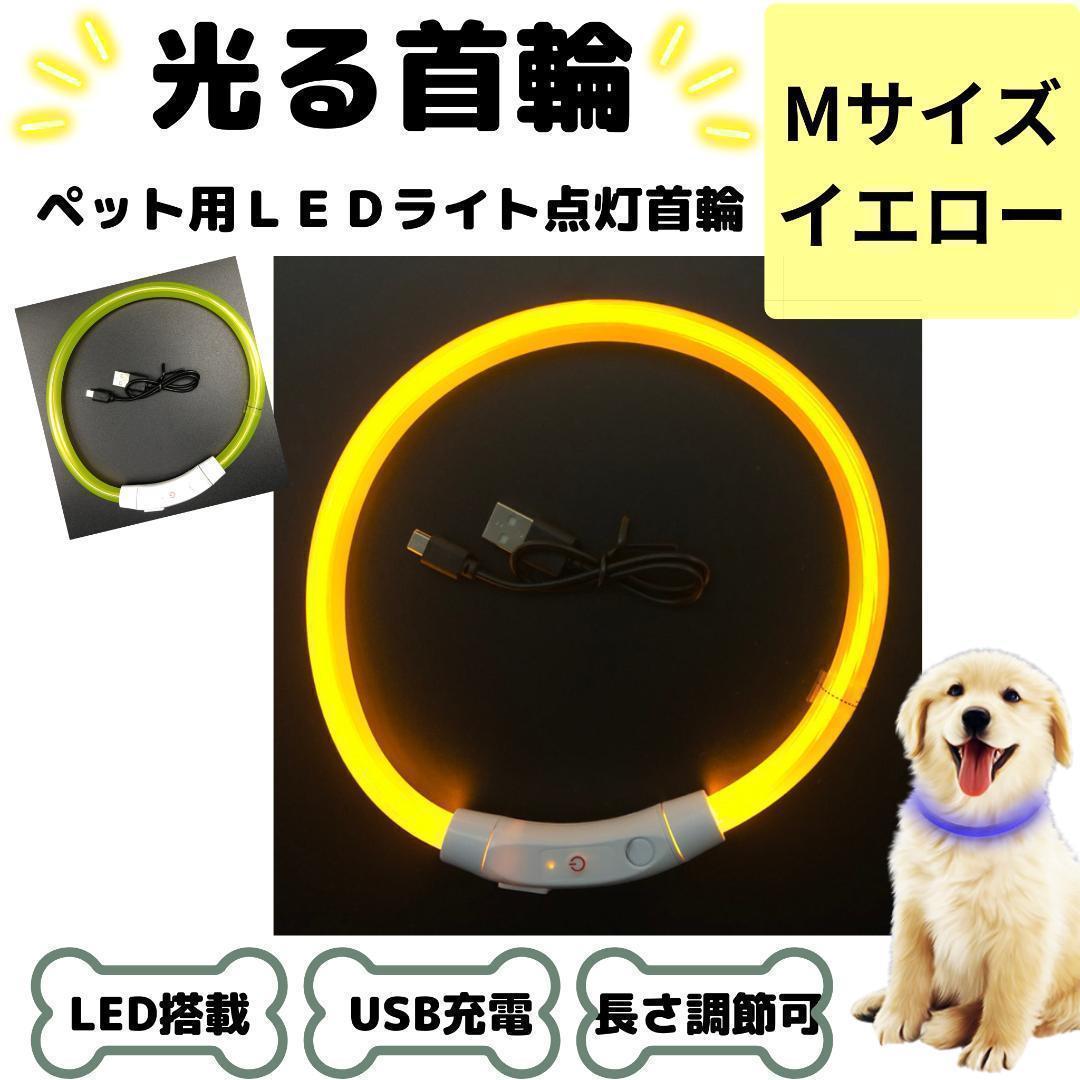 光る首輪 犬用 LED搭載 USB充電 イエロー Mサイズ 黄色 夜 散歩 犬 USB usb 充電 軽量 軽い 散歩 夜 キラキラ 安全 おしゃれ カラフル_画像1