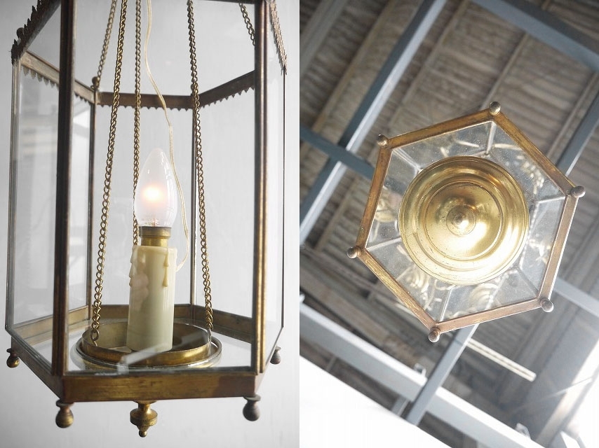 アンティーク　フランス　ガラス×ブラス　1灯吊り下げランプ　ライト　シャンデリア
