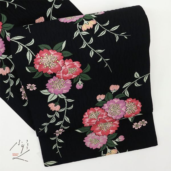 【袋帯】 桜の花柄　膨れ織り　六通柄 黒　ブラック　和装着物　8FB5