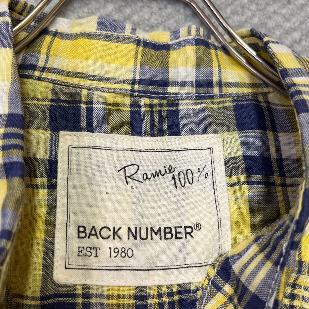 100円スタート♪ （4）BACK NUMBER バックナンバー　スキッパーリネンシャツ　サイズL　長袖シャツ　麻100%　タータンチェック　黄色　青_画像2