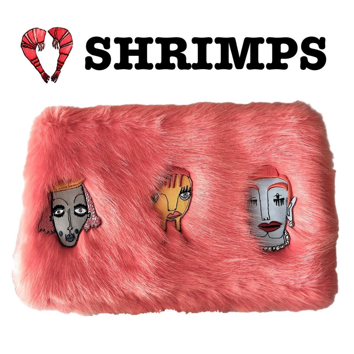 【未使用】Shrimps シュリンプス ファー クラッチバッグ ポーチ 刺繍 ワッペン ピンク