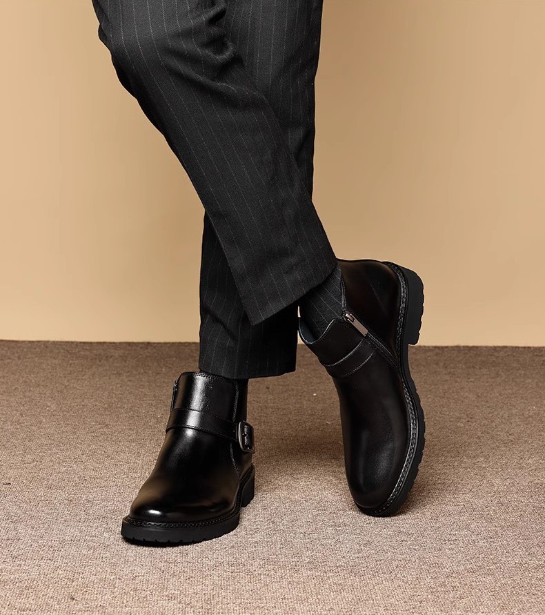  new work * new goods * men's short boots up side fastener * belt design * high class cow leather black SE 24cm