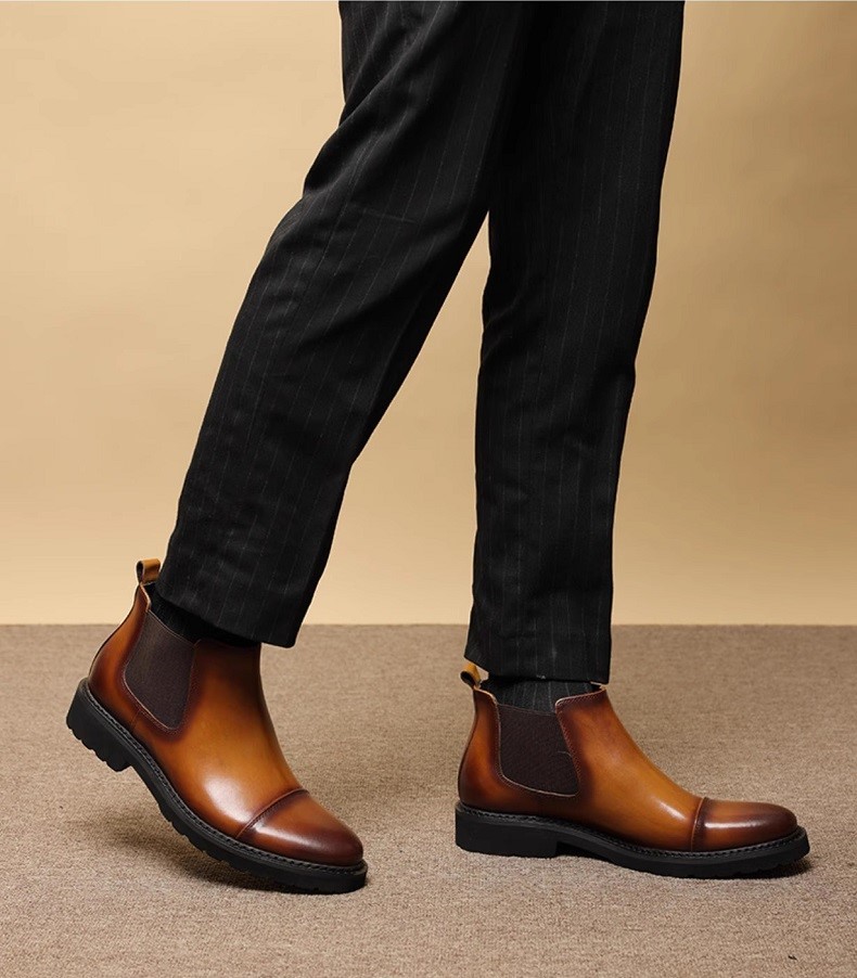 New 新品メンズショートブーツ高級牛革 ヨーロピアン ストレートチップ　ゴム 脱ぎ履きが簡単! ブラウン SE 25.5cm _画像6