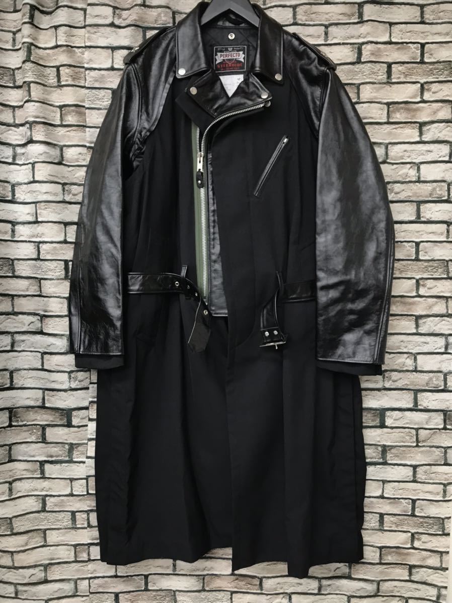 極美品★sacai×schott サカイ×ショット★22AW 22-02874M LEATHER × SUITING COAT ファブリック切替ダブルレザーライダースコートの画像1