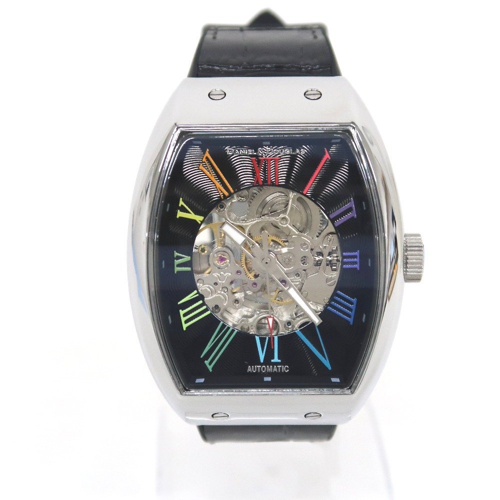 IT26991 ダニエル＆ダグラス 腕時計 DD8808 ステンレススチール ブラック文字盤 レインボー ラバーベルト 自動巻き 美品