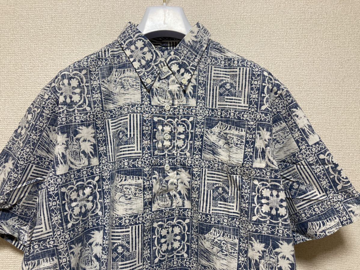 80's90's USAヴィンテージ reyn spooner レインスプーナー アロハシャツ ハワイアンシャツ プルオーバー シャツ 総柄シャツ半袖シャツ 青白の画像3