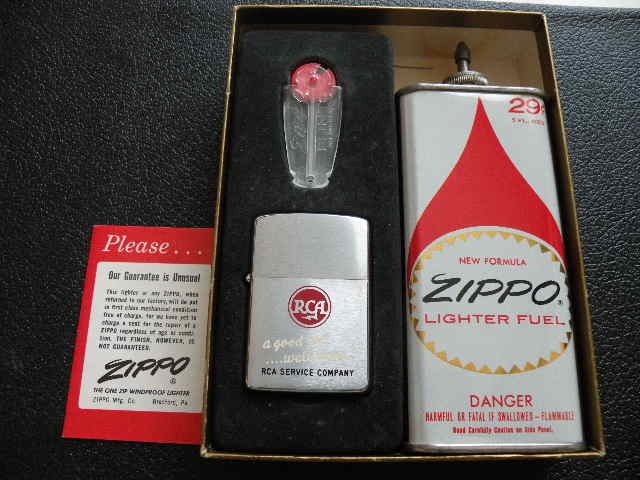 1963 ZIPPO RCA 映像・音楽メーカー・従業員向け非売品・炎柄初年 29c プライス印刷・金属注入口オイル缶・ギフト・セット・入手困難
