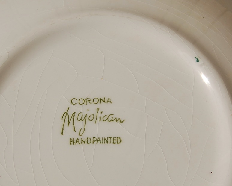 昭和レトロ　陶器製　籠型バスケット　盛り皿：花柄　持ち手：スチール　CORONA Majolican Hand Painted_画像4