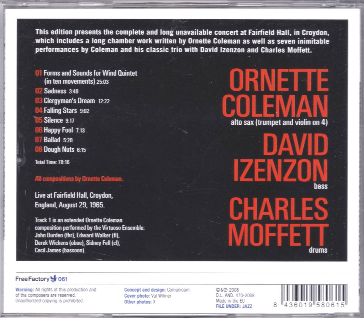 ☆ORNETTE COLEMAN(オーネット・コールマン)/Croydon Concert◆65年イギリス録音の78分を超える貴重なライヴ音源にして超大名盤◇レア廃盤の画像2