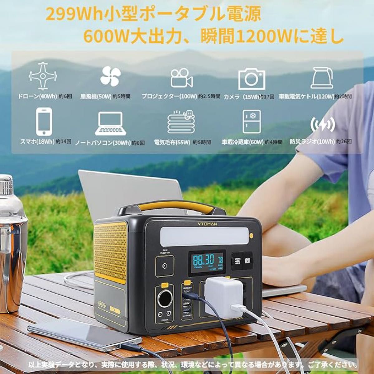 ポータブル電源 大容量 リン酸鉄リチウムイオン電池 299Wh/96000mAh 電力リフト機能付 AC(600W 瞬間最大