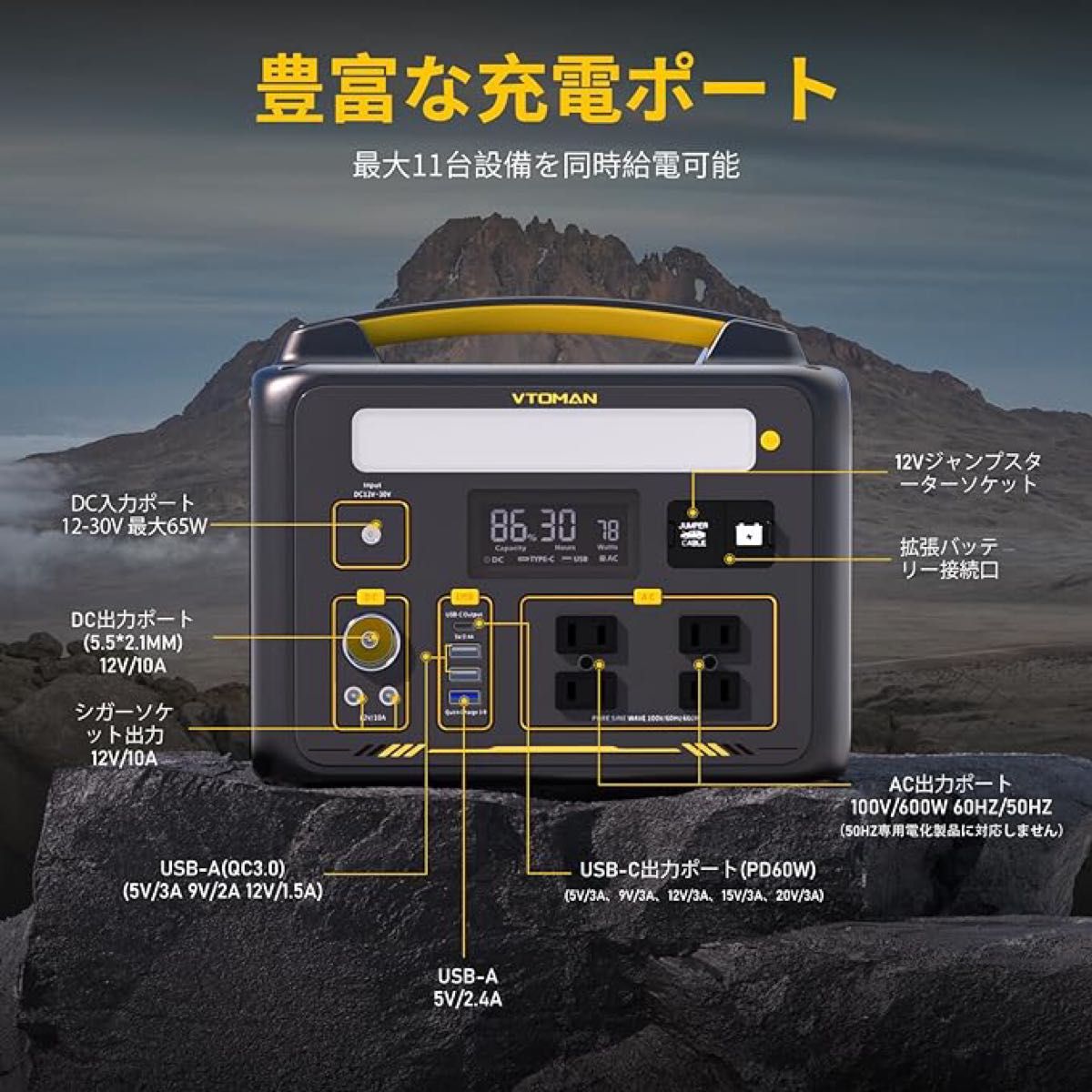 ポータブル電源 大容量 リン酸鉄リチウムイオン電池 299Wh/96000mAh 電力リフト機能付 AC(600W 瞬間最大