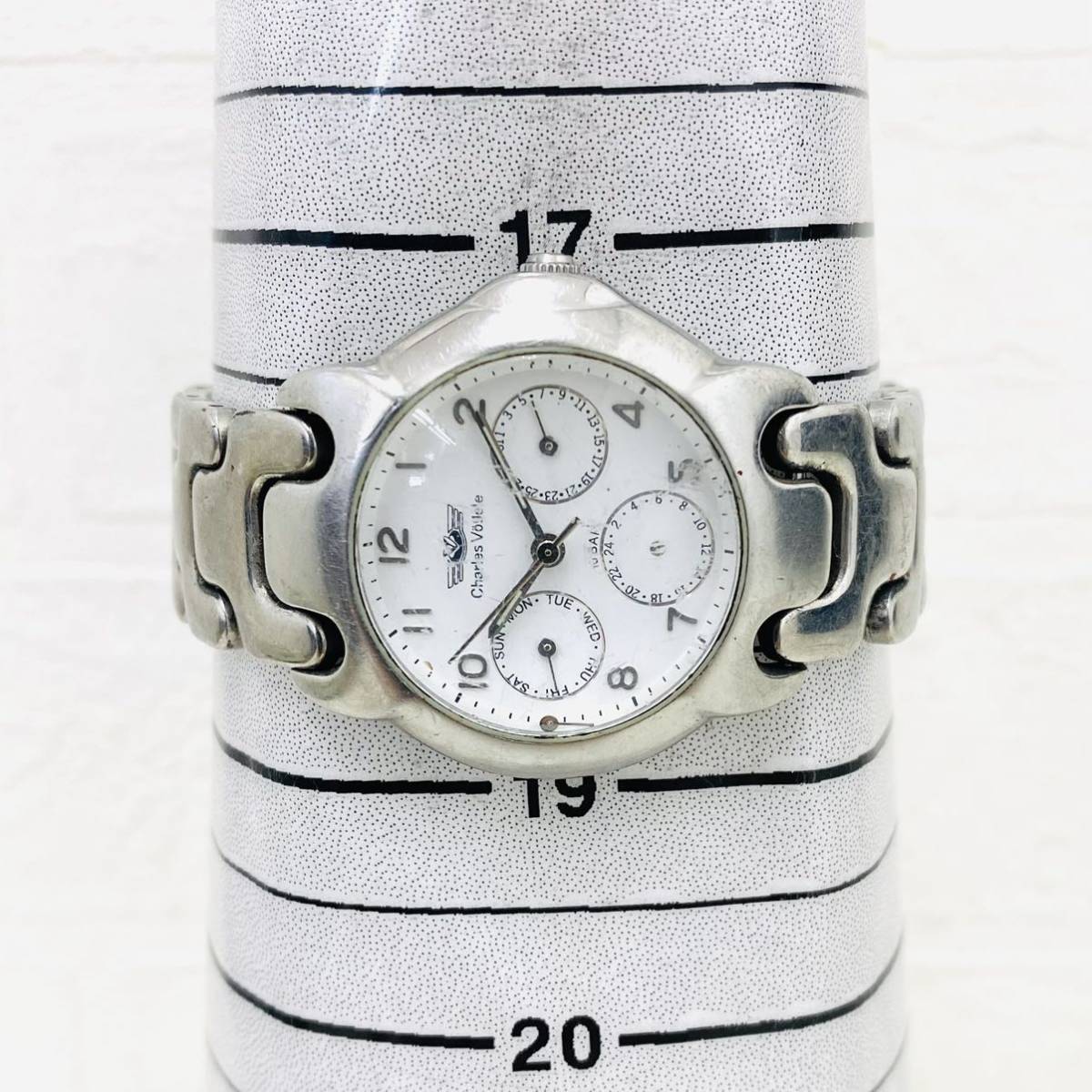 595 Charles Vogele シャルルホーゲル メンズ腕時計 腕時計 時計 クオーツ クォーツ クロノグラフ 文字盤白 10BAR CV-7714 シルバー NK_画像5
