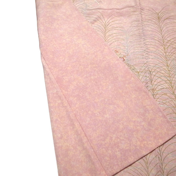 付下げ 付け下げ 着物 袷 刺繍 金銀彩加工 ピンク 花車 上質 フォーマル セミフォーマル 正絹 絹 なごみ 裄67.5 Ｌ 中古 仕立て上がり sn60
