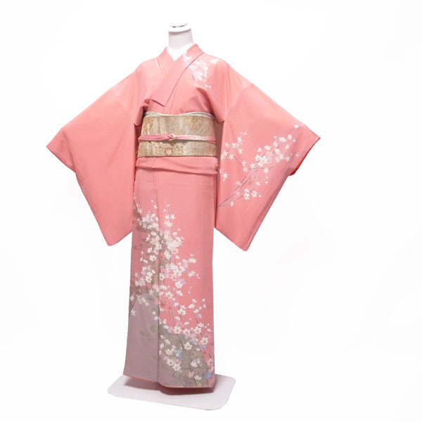  visit wear kimono . hand .... gold silver . processing pink flower Sakura maple plum . water formal fine quality silk silk elegant ...68.5 L used brand new sn66
