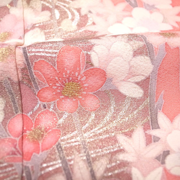  visit wear kimono . hand .... gold silver . processing pink flower Sakura maple plum . water formal fine quality silk silk elegant ...68.5 L used brand new sn66