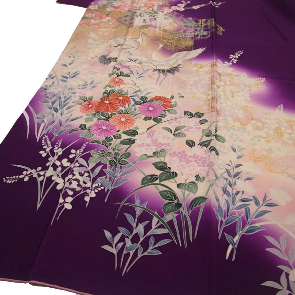 振袖 着物 袷 金彩加工 金駒刺繍 手染め 本加工 紫 パープル 鶴 鳥