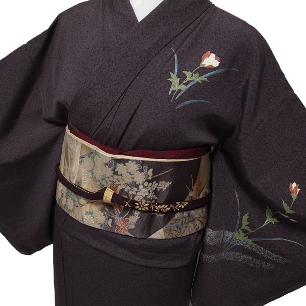 付下げ 付け下げ 着物 袷 手染め たたき染 濃紫 花 金彩加工