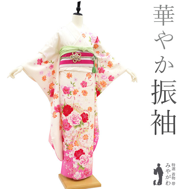 早割クーポン! ハート 蝶 バラ ピンク 白 金彩加工 着物 振袖 成人式